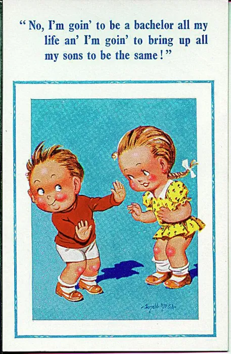 : Comic postcard, Boy determined to remain a bachelor Date: 20th century : Comic postcard, Boy determined to remain a bachelor Date: 20th century