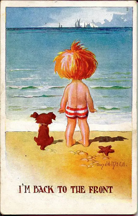 Framed Print : Comic postcard, Boy and dog on the beach, with ships on the horizon. Date: 1914-1918 Framed Print : Comic postcard, Boy and dog on the beach, with ships on the horizon. Date: 1914-1918