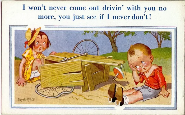 Framed Print : Comic postcard, Boy and girl, accident with a go-kart Date: 20th century Framed Print : Comic postcard, Boy and girl, accident with a go-kart Date: 20th century