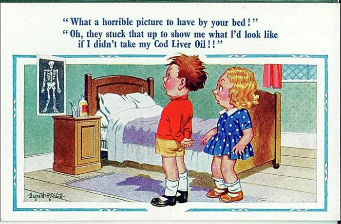 : Comic postcard, Boy and girl in bedroom - skeleton picture Date: 20th century : Comic postcard, Boy and girl in bedroom - skeleton picture Date: 20th century