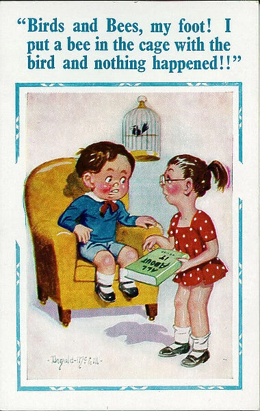 Comic postcard, Boy and girl, birds and bees Date: 20th century
