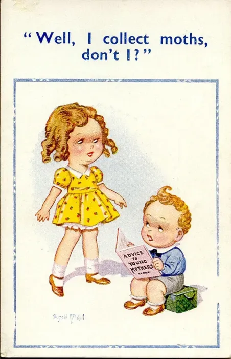 Framed Print : Comic postcard, Boy and girl with book - Advice to Young Mothers Date: 20th century Framed Print : Comic postcard, Boy and girl with book - Advice to Young Mothers Date: 20th century