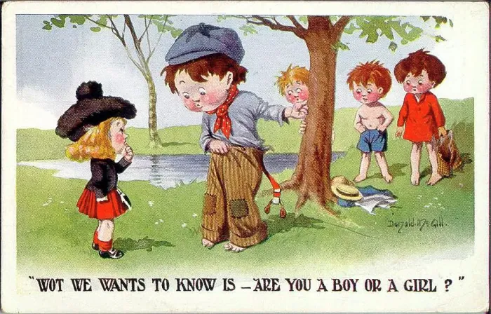 Framed Print : Comic postcard, Are you a boy or a girl? Date: 20th century Framed Print : Comic postcard, Are you a boy or a girl? Date: 20th century