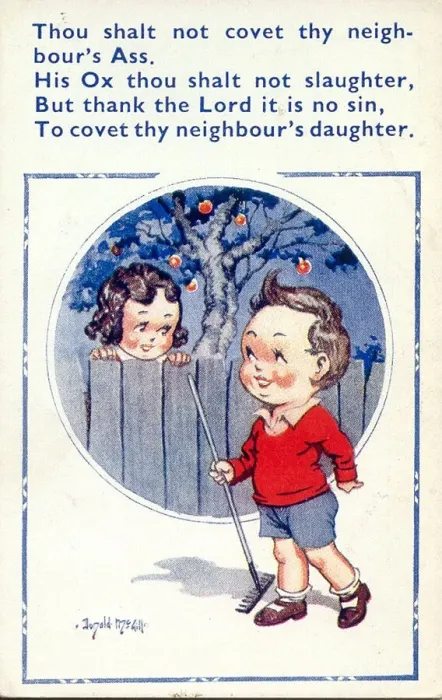 Framed Print : Comic postcard, Boy and girl, garden fence
