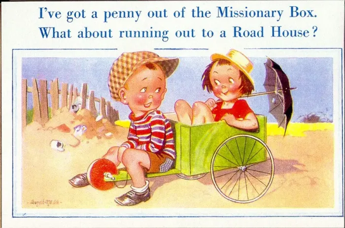 Framed Print : Comic postcard, Boy and girl with a go-kart Date: 20th century Framed Print : Comic postcard, Boy and girl with a go-kart Date: 20th century