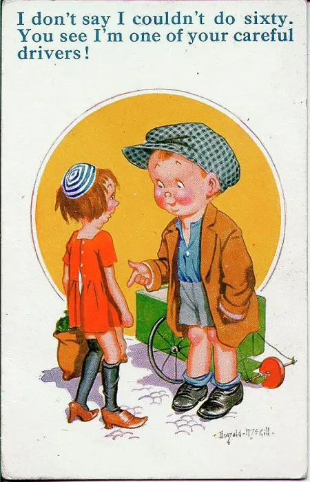 Framed Print : Comic postcard, Boy and girl with go-kart Date: 20th century Framed Print : Comic postcard, Boy and girl with go-kart Date: 20th century