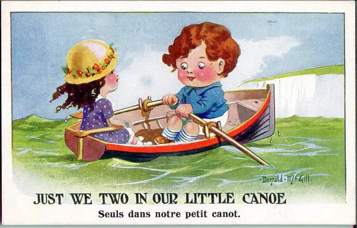 Framed Print : Comic postcard, Boy and girl in a rowing boat on the sea Date: 20th century Framed Print : Comic postcard, Boy and girl in a rowing boat on the sea Date: 20th century