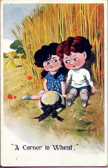 Framed Print : Comic postcard, Boy and girl sitting in a cornfield - A corner in wheat. Date: 20th century Framed Print : Comic postcard, Boy and girl sitting in a cornfield - A corner in wheat. Date: 20th century