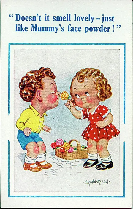 : Comic postcard, Boy and girl smelling roses Date: 20th century : Comic postcard, Boy and girl smelling roses Date: 20th century