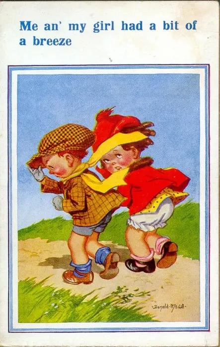 Framed Print : Comic postcard, Boy and girl walking on a windy day Date: 20th century Framed Print : Comic postcard, Boy and girl walking on a windy day Date: 20th century