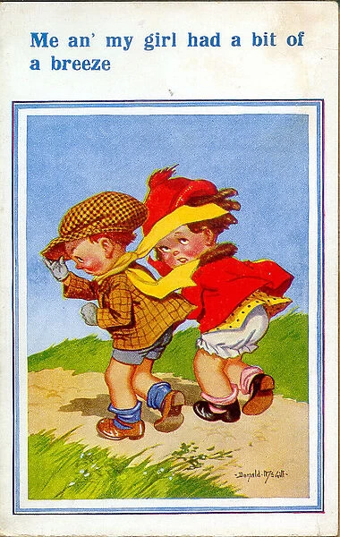 Comic postcard, Boy and girl walking on a windy day Date: 20th century