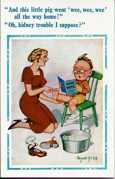 Comic postcard, Boy reading Home Doctor book - kidney trouble Date: 20th century