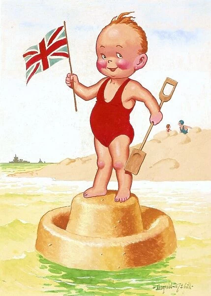 Comic postcard, Boy on sandcastle with flag