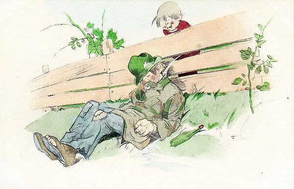 Comic postcard -- boy and sleeping tramp