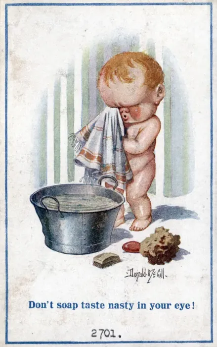 Framed Print : Comic postcard, Boy with soap in his eye Date: circa 1918 Framed Print : Comic postcard, Boy with soap in his eye Date: circa 1918