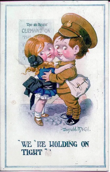 Framed Print : Comic postcard, Boy soldier and girlfriend hugging. Date: 1914-1918 Framed Print : Comic postcard, Boy soldier and girlfriend hugging. Date: 1914-1918
