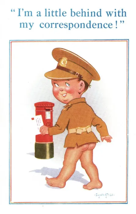 Framed Print : Comic postcard, Boy soldier posting a letter, WW2 Framed Print : Comic postcard, Boy soldier posting a letter, WW2