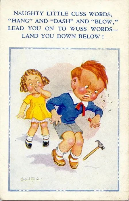 Framed Print : Comic postcard, Boy swearing in front of girl Date: 20th century Framed Print : Comic postcard, Boy swearing in front of girl Date: 20th century