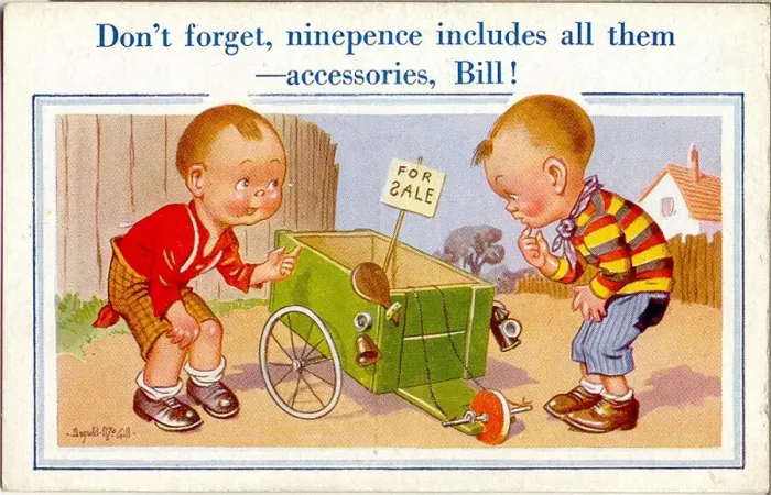 Framed Print : Comic postcard, Two boys, go-kart for sale Date: 20th century Framed Print : Comic postcard, Two boys, go-kart for sale Date: 20th century