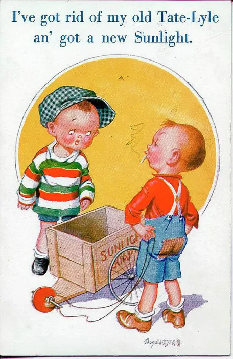 Framed Print : Comic postcard, Two boys with go-kart made from Sunlight Soap crate. Date: 20th century Framed Print : Comic postcard, Two boys with go-kart made from Sunlight Soap crate. Date: 20th century