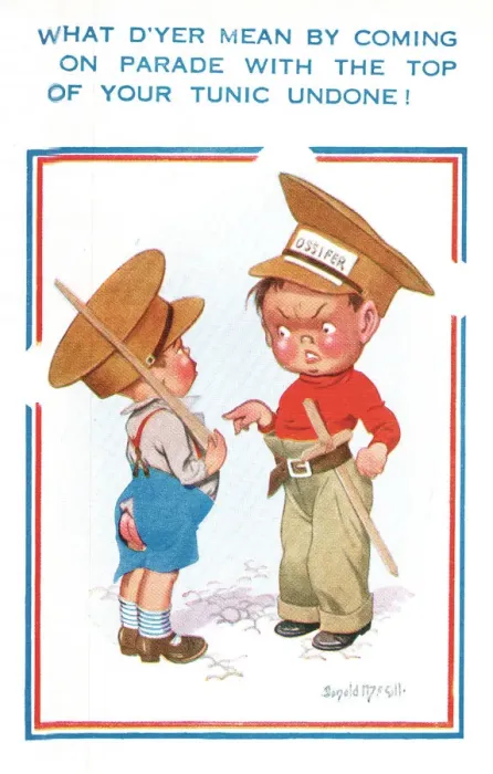 Framed Print : Comic postcard, Two boys playing at soldiers, WW2 Framed Print : Comic postcard, Two boys playing at soldiers, WW2