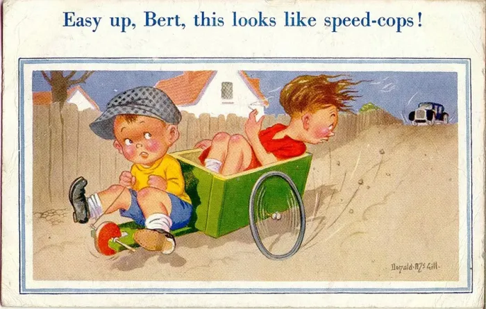 Framed Print : Comic postcard, Two boys speeding in a go-kart Date: 20th century Framed Print : Comic postcard, Two boys speeding in a go-kart Date: 20th century