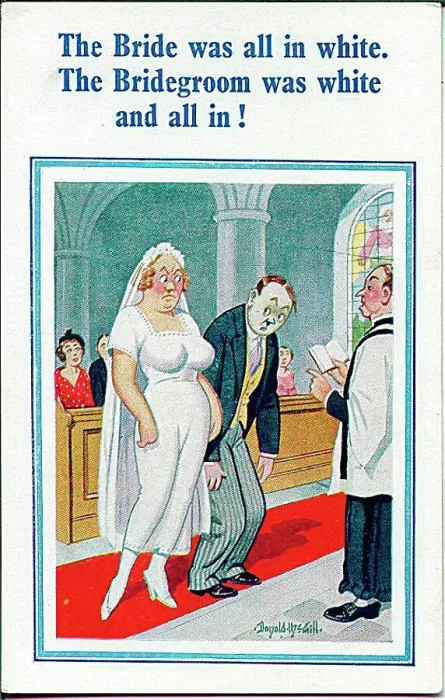 : Comic postcard, Bride and groom in church Date: 20th century : Comic postcard, Bride and groom in church Date: 20th century