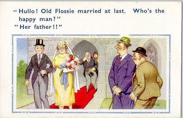 Comic postcard, Bride and groom leaving church