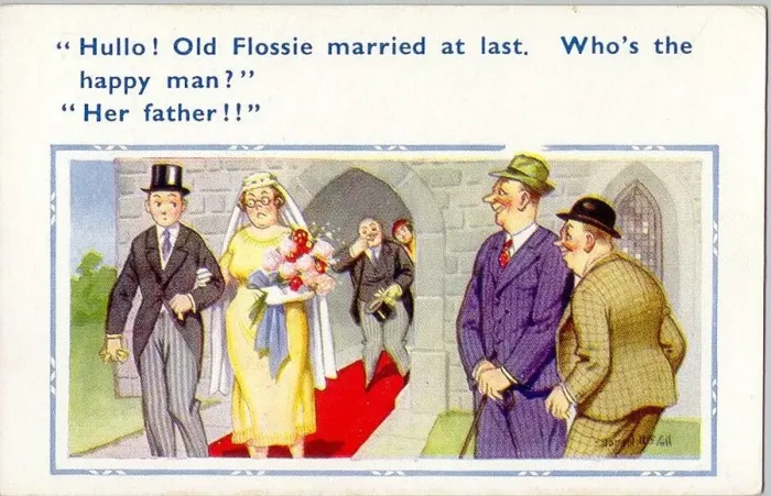 Framed Print : Comic postcard, Bride and groom leaving church Framed Print : Comic postcard, Bride and groom leaving church