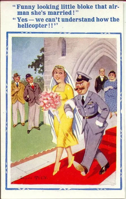 Framed Print : Comic postcard, Bride and groom leaving church Date: 20th century Framed Print : Comic postcard, Bride and groom leaving church Date: 20th century