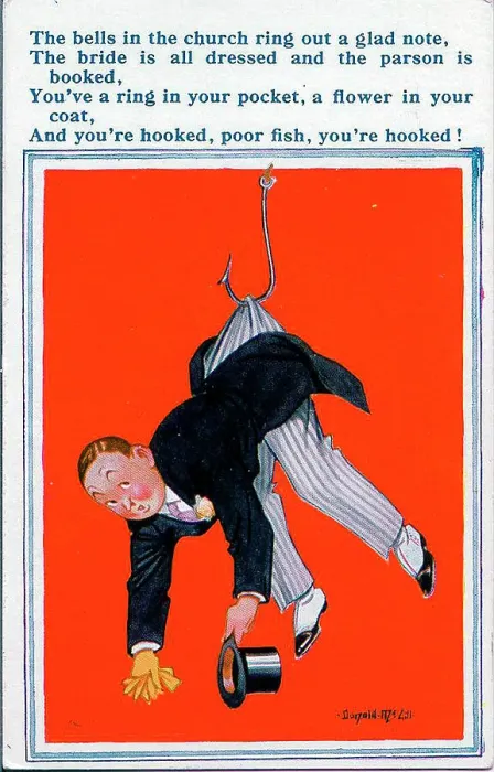 Framed Print : Comic postcard, Bridegroom hanging on a hook Date: 20th century Framed Print : Comic postcard, Bridegroom hanging on a hook Date: 20th century