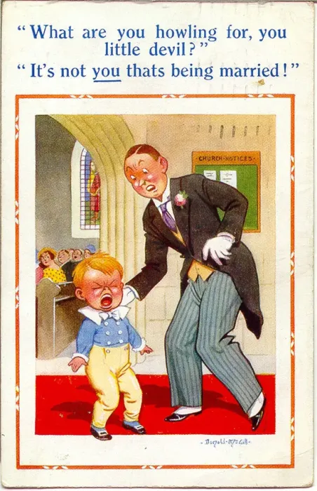 Framed Print : Comic postcard, Bridegroom and little boy in church Framed Print : Comic postcard, Bridegroom and little boy in church
