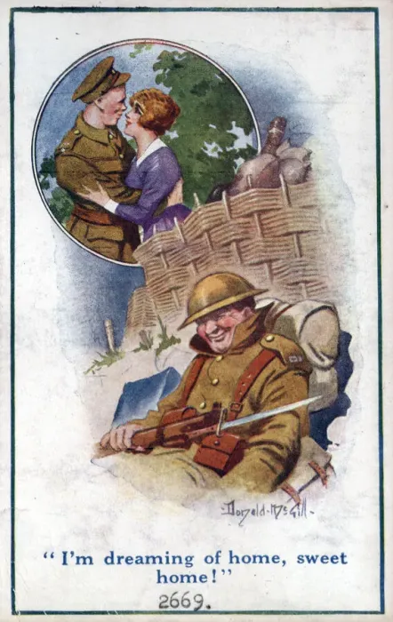 Framed Print : Comic postcard, British soldier dreaming of home sweet home, WW1 Date: circa 1918 Framed Print : Comic postcard, British soldier dreaming of home sweet home, WW1 Date: circa 1918