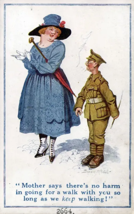 Framed Print : Comic postcard, British soldier and girlfriend going for a walk, WW1 Date: circa 1918 Framed Print : Comic postcard, British soldier and girlfriend going for a walk, WW1 Date: circa 1918