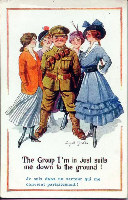 Framed Print : Comic postcard, British soldier surrounded by admiring women. Date: 1914-1918 Framed Print : Comic postcard, British soldier surrounded by admiring women. Date: 1914-1918