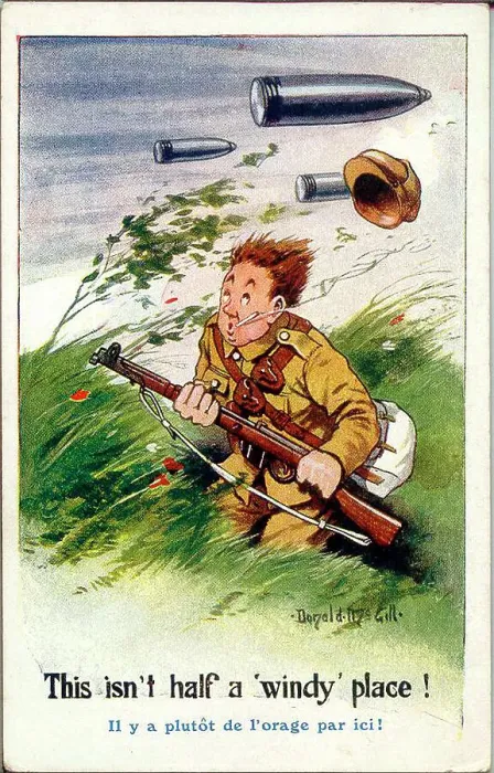 Framed Print : Comic postcard, British soldier on Western Front, with shells flying overhead. Date: 1914-1918 Framed Print : Comic postcard, British soldier on Western Front, with shells flying overhead. Date: 1914-1918