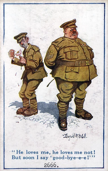 Comic postcard, two British soldiers, private and sergeant major