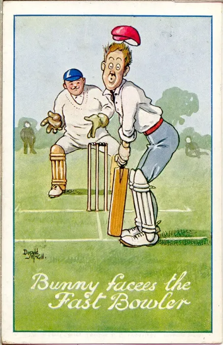 Framed Print : Comic postcard, Bunny faces the fast bowler Date: 20th century Framed Print : Comic postcard, Bunny faces the fast bowler Date: 20th century