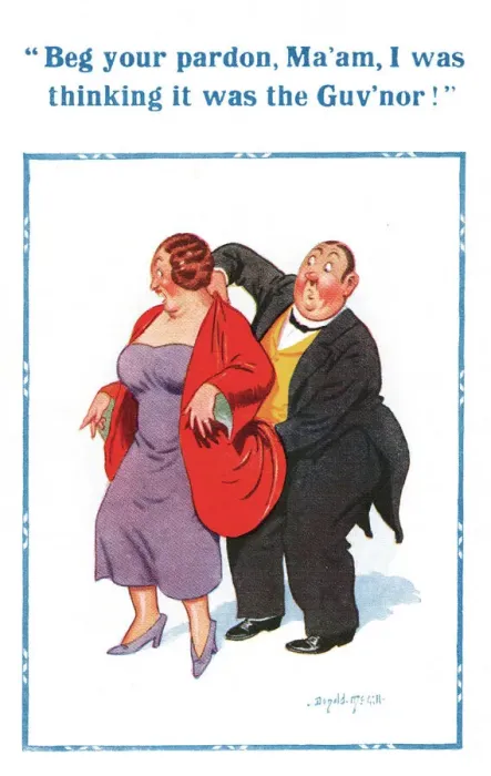 Framed Print : Comic postcard, Butler and his masters wife Date: 20th century Framed Print : Comic postcard, Butler and his masters wife Date: 20th century