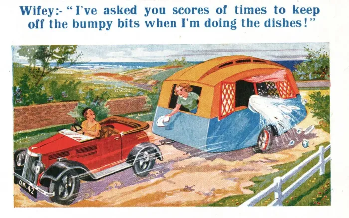 Framed Print : Comic postcard, Car and caravan Date: 20th century Framed Print : Comic postcard, Car and caravan Date: 20th century