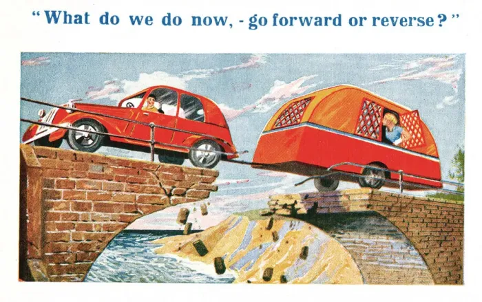 Framed Print : Comic postcard, Car and caravan, forward or reverse? Date: 20th century Framed Print : Comic postcard, Car and caravan, forward or reverse? Date: 20th century