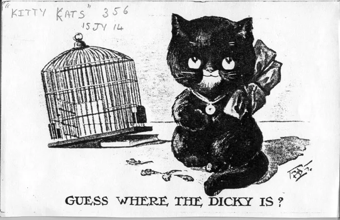 Framed Print : Comic postcard, Cat and empty birdcage - Guess where the Dicky is? Date: 1914 Framed Print : Comic postcard, Cat and empty birdcage - Guess where the Dicky is? Date: 1914