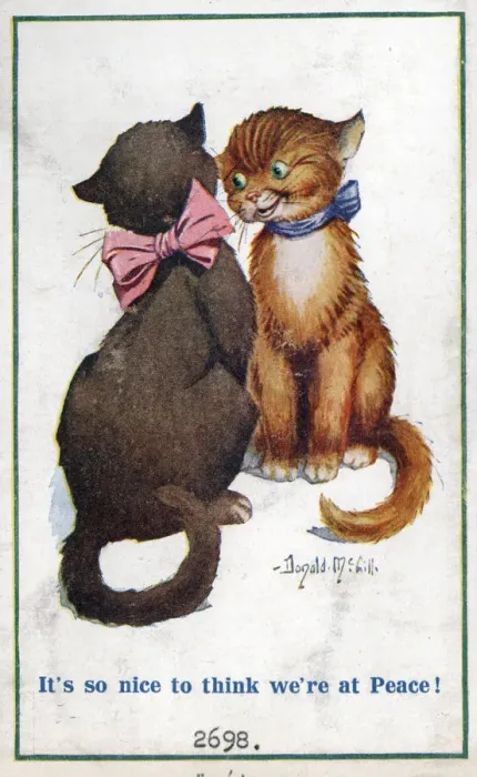 Framed Print : Comic postcard, Two cats enjoying the peace, WW1 Date: circa 1918 Framed Print : Comic postcard, Two cats enjoying the peace, WW1 Date: circa 1918