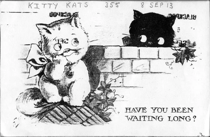 Framed Print : Comic postcard, Two cats in a garden - Have you been waiting long? Date: 1913 Framed Print : Comic postcard, Two cats in a garden - Have you been waiting long? Date: 1913