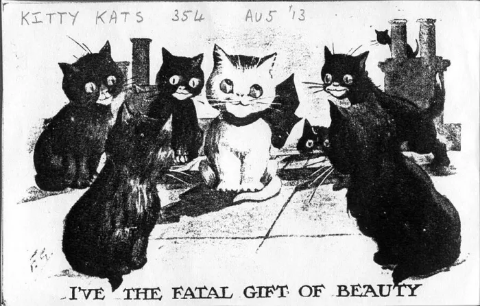 Framed Print : Comic postcard, Cats on a roof - I ve the fatal gift of beauty Date: 1913 Framed Print : Comic postcard, Cats on a roof - I ve the fatal gift of beauty Date: 1913