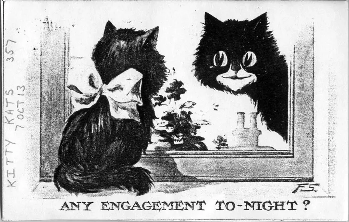 Framed Print : Comic postcard, Two cats at a window - Any engagement tonight? Date: 1913 Framed Print : Comic postcard, Two cats at a window - Any engagement tonight? Date: 1913