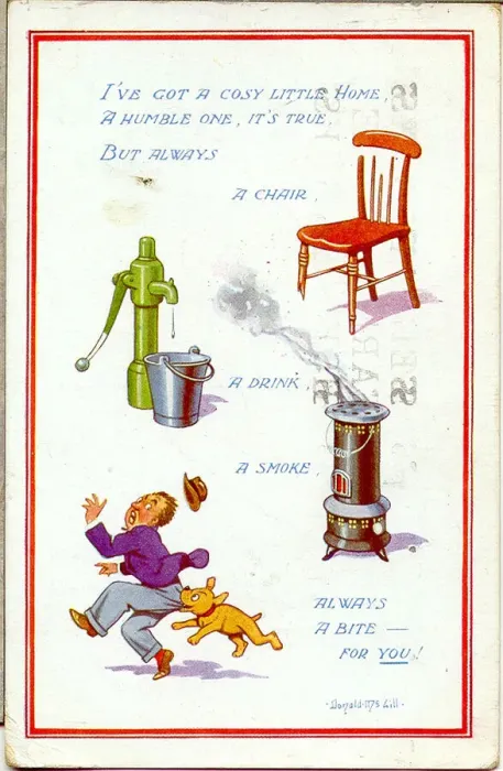 Framed Print : Comic postcard, Chair, drink, smoke and dog Date: 20th century Framed Print : Comic postcard, Chair, drink, smoke and dog Date: 20th century