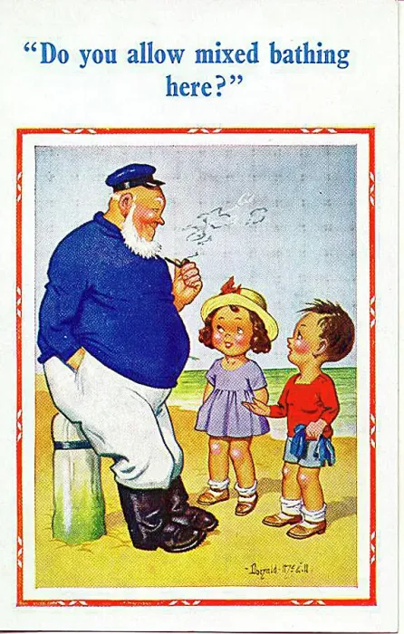 : Comic postcard, Children and boatman on the beach - mixed bathing. Date: 20th century : Comic postcard, Children and boatman on the beach - mixed bathing. Date: 20th century