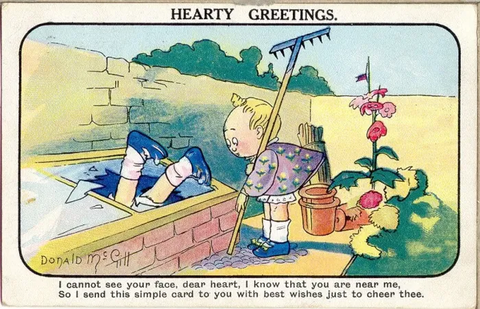 Framed Print : Comic postcard, Two children in a garden Date: 20th century Framed Print : Comic postcard, Two children in a garden Date: 20th century