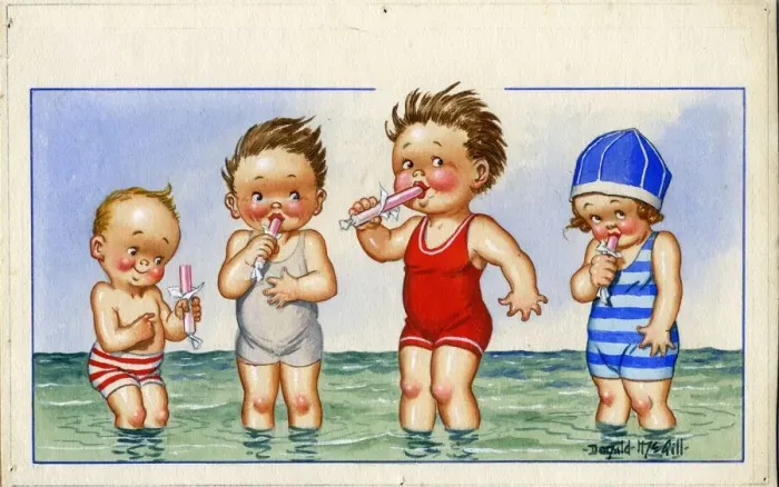 Framed Print : Comic postcard, Four children paddling in the sea, eating pink sticks of rock Date Framed Print : Comic postcard, Four children paddling in the sea, eating pink sticks of rock Date